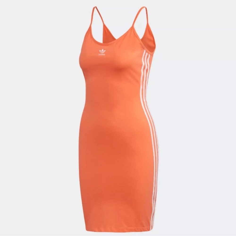 Adidas Orange Midi Dress with Iconic Stripes